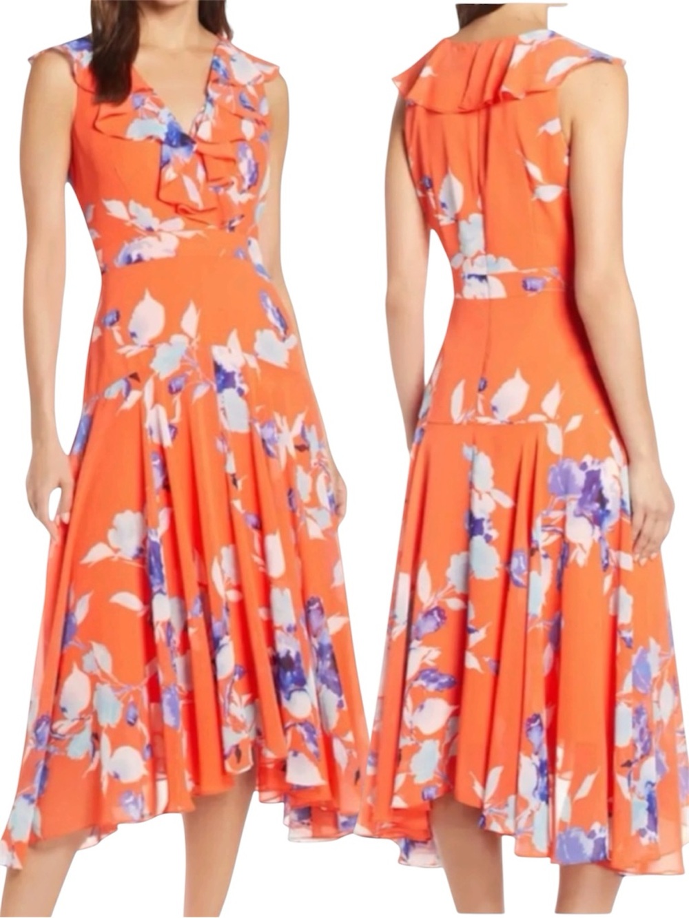 Eliza J Floral Print Shark Bite Hem Midi Dress